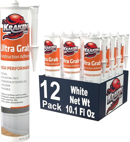 Kraken Bond White Heavy Duty Construction Adhesive - (2x10.1 fl. oz) Fast Cure Tile Adhesive for Professional & DIY Projects, Quick Grab for Wall Panels, Tile, Marble, Granite - 2 Pack in Kuwait