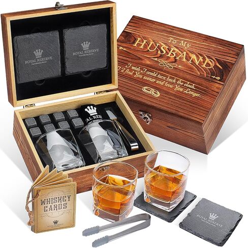 Whiskey Stones Gift Set | Husband Birthday Gifts Artisan Crafted Chilling Rocks Stones Scotch Bourbon Glasses and Slate Table Coasters – Gift for Men Dad Boyfriend Anniversary Husband Edition in Kuwait