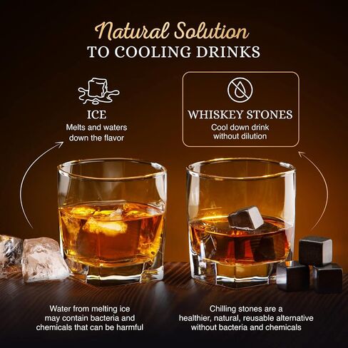 Whiskey Stones Gift Set | Husband Birthday Gifts Artisan Crafted Chilling Rocks Stones Scotch Bourbon Glasses and Slate Table Coasters – Gift for Men Dad Boyfriend Anniversary Husband Edition in Kuwait