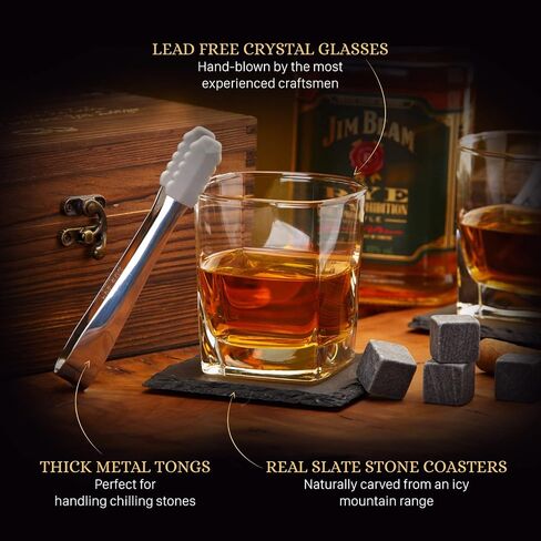Whiskey Stones Gift Set | Husband Birthday Gifts Artisan Crafted Chilling Rocks Stones Scotch Bourbon Glasses and Slate Table Coasters – Gift for Men Dad Boyfriend Anniversary Husband Edition in Kuwait