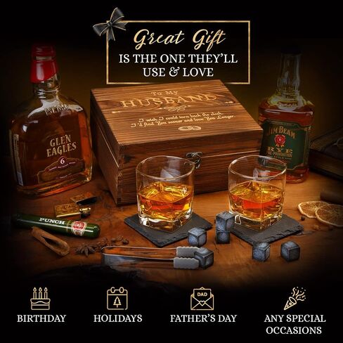 Whiskey Stones Gift Set | Husband Birthday Gifts Artisan Crafted Chilling Rocks Stones Scotch Bourbon Glasses and Slate Table Coasters – Gift for Men Dad Boyfriend Anniversary Husband Edition in Kuwait