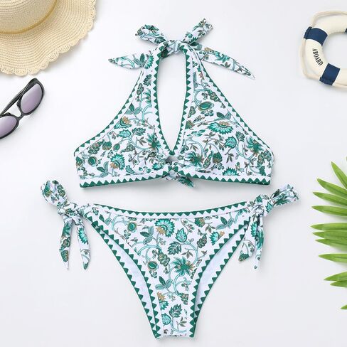 Two Pieces Floral Swimsuit for Women Self Tie Sexy Triangle Thong Bikini Set Low Rise Push Up O Ring Bathing Suit in Saudi Arabia