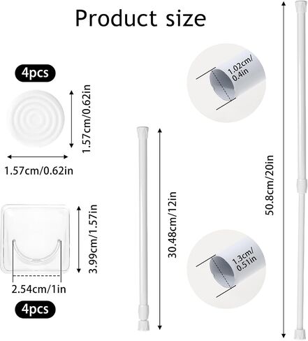 2Pcs Small Spring Tension Rod 12 to 20 Inches, White Tension Curtain Rod No Drill Adjustable Spring Curtain Rod with Anti-slip Pad for Wardrobe Bars, Cupboard,Window, Closet, Bookcase (White) in Saudi Arabia