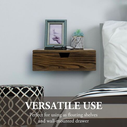 MyGift 15.5 Inch Rustic Floating Shelf with Drawer, Burnt Solid Wood Decorative Wall Mounted Wooden Bedroom Nightstand or Storage Console Table in Saudi Arabia
