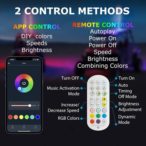 2PCS 3FT Led Whip Light with Spring Bases, Whip Lights RF Remote and APP Control Waterproof IP67 Spiral RGB Chasing Antenna Light for UTV ATV RZR Buggy Dune Offroad Truck in Saudi Arabia