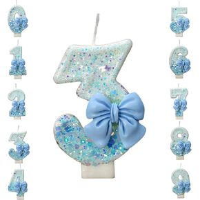 2.95 Inch Birthday Number Candles,Birthday Candles 3D Design Cake Birthday Party Wedding Anniversary Celebration Supplies（Blue Bow）