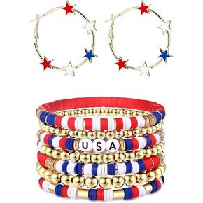 4th of July Bracelets Earrings Set for Women American Flag Partriotic Bracelet Vinyl Disc Beaded Stretch Bracelets 4th of July Accessories Outfits Decorations Party Favors