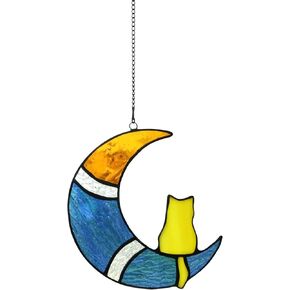 Cat Decoration On Moon Stained Glass Suncatcher Ornament for Window Hangings, Handcrafted Art Glass Cat Memorial Gifts for Cat Lovers (Blue&Black)