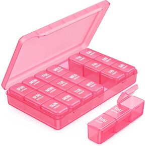 Pink Pill Organizer 3 Times a Day, Weekly Pill Box with Dual Protection, Portable Pill Case with Separate Pill Containers, Large Medication Organizer to Hold Vitamins, Fish Oils, Medications