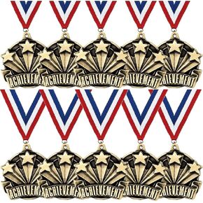 Crown Awards Achievement Medals - 10 Pack - 2" Gold Achievement Medals with Red, White, Blue Neck Ribbon Prime