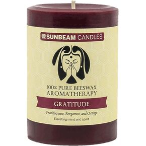 100% Pure Beeswax Gratitude 3"x4.25" Aromatherapy Pillar | Essential Oils of Frankincense, Bergamot & Orange | 70-Hour Burn Time | Made in USA