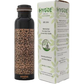 HYGGE Copper Water Bottle for Drinking – 34oz Engraved Pure Copper Water Bottle – Travel Water Bottle for Gym, Office, Hiking, Outdoor – Ayurvedic Water Bottle with Lid