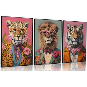 3Pcs Funky Animals Wall Art Maximalist Wall Decor Pictures Trendy Tiger Lion Leopard Posters Prints Eclectic Preppy y2k Aesthetic Room Decor for Apartment Dorm Decoration 16x24in, Unframed