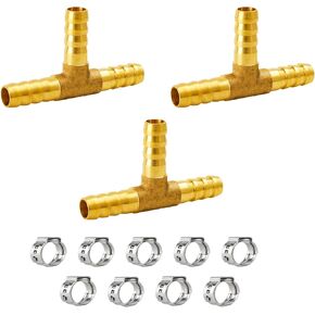 3/4" Brass Barb Tee Fittings T-Shaped 3 Ways Union Hose Barb Pipe Fitting with 6pcs Stainless Steel Pipe Clamp for Water/Fuel/Air (Pack of 2)