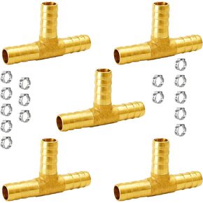 1/4" Brass Barb Tee Fittings T-Shaped 3 Ways Union Hose Barb Pipe Fitting with 15pcs Stainless Steel Pipe Clamp for Water/Fuel/Air (Pack of 5)