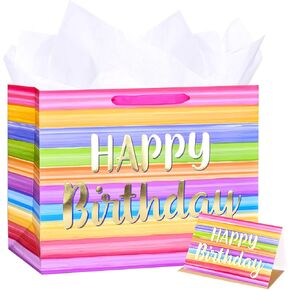 ZGORENDZ 14" Large Gift Bag with Matching Tissue Paper, Card & Envelope for Birthdays Party Colorful Happy Birthday Gift Bag