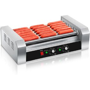 SYBO Hot Dog Roller, 30 Hot Dogs 11 Rollers Grill Cooker Machine with Removable Stainless Steel Drip Tray and Glass Hood Cover, 1430-Watts, Perfect for Commercial And Party