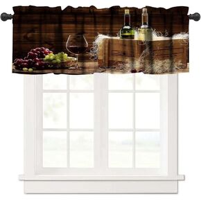 Wine Kitchen Valances Curtain，Vintage Wooden Board Wine Glass Window Valance Curtain Gaming Room Decorate Small Valances for Livingroom Office Decor Window Drapes 54 x 18 Inch