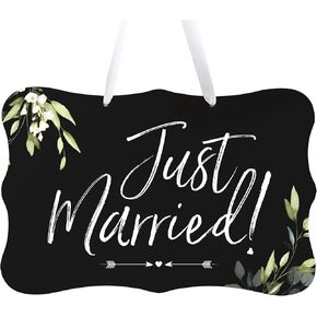 LifeSong Milestones Wedding Signs for Ceremony and Reception Wall Hanging Sign Decor Accessories for Bride and Groom Wedding Decorations 8x12 Just Married (Leaves) (White)