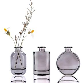 WHJY Grey Glass Vase Set of 3, Decorative Flower Vases for Centerpieces, Colored Bud Vases, Small Geometric Vases for Wedding, Home Décor