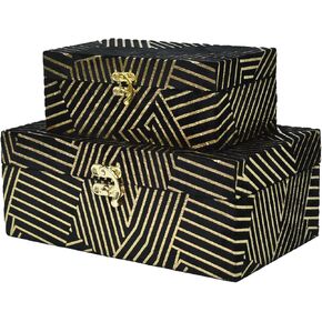 Velvet Decorative Boxes Storage Accessory Organizer with Gold Stripe Set of 2, Black