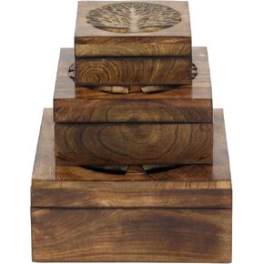 Deco 79 Wood Tree Handmade Box with Hinged Lid, Set of 3 6", 8", 10" W, Brown (Pack of 2, 6 Count Total)