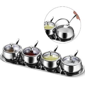 4 قطع 10oz 304 الفولاذ المقاوم للصدأ وعاء التوابل مجموعة التوابل جرة بهار جرة العلب الأواني الملح بهار تخزين المنظمون وعاء السكر مع 4 ملعقة غطاء وقاعدة in Kuwait