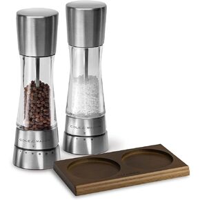 Cole & Mason Derwent Salt and Pepper Grinder Set - Stainless Steel Mills Include Gift Box, Gourmet Precision Mechanisms and Premium Sea Salt and Peppercorns with Salt & Pepper Tray