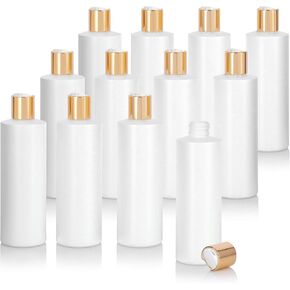 JUVITUS 8 oz / 240 ml White Refillable Plastic HDPE Cylinder Squeeze Bottle with (12 pack, Gold Disc Cap)