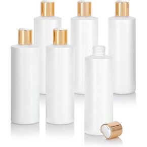 JUVITUS 8 oz / 240 ml White Refillable Plastic HDPE Cylinder Squeeze Bottle with (12 pack, Gold Disc Cap)