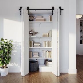SMARTSTANDARD 4.3ft/52'' Bi-Folding Sliding Barn Door Hardware Kit, Bifold Barn Door Hardware Heavy Duty Sturdy Side Mounted for 2 Doors -Smoothly and Quietly-Easy to Install, Fit 48'' Door, No Doors
