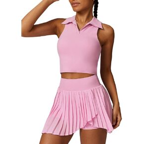 Women 2 Piece Tennis Dresses High Waisted Pleated Skirt Sets Seamless Golf Outfits Sleeveless Racerback Padded Crop Top