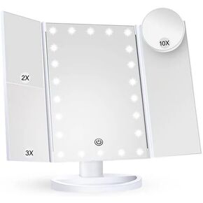 Makeup Mirror Vanity Mirror with Lights, 2X 3X 10X Magnification, Trifold Lighted Makeup Mirror, Touch Control, Dual Power Supply, Portable LED Vanity Mirror for Women Gift - Black
