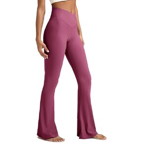 Women's Crossover Flare Leggings, High Waisted Wide Leg Flared Yoga Pants Rose Pink