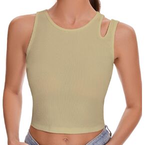 Womens Sleeveless Scoop Neck Casual Basic Cotton Ribbed Asymmetrical Shoulder Fitted Crop Top