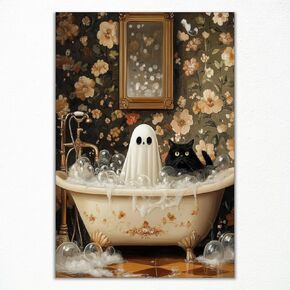 Ghost and Black Cat In Bathtub Poster, Whimsigoth Halloween Canvas Wall Art, Ghost and Flowers Painting Art, Spooky Bubblebath Bathroom Picture, Whimsical Gothic Wall Decor 12x16in Unframed