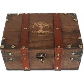 Tree of Life Yggdrasil Engraved Wood and Leather Chest Box, Wooden Box with Velvet Lining, Alter Supplies and Tools Storage Box and Keepsake Box