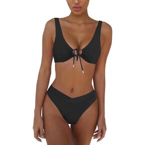 Women Sexy Tie Front Cutout Push Up Bikini Set Cheeky V Crossover High Waisted Tummy Control Swimsuit 2 Piece