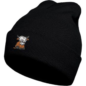 Scottish Highland Cow Beanie Hat Black, Cute Funny Cow Embroidery Winter Knit Skull Cap for Adult Men Women
