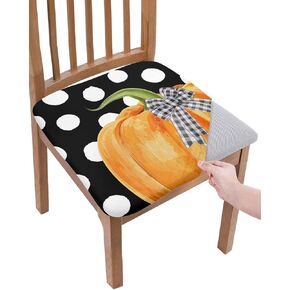 Fall Chair Seat Covers Orange Pumpkin Seat Covers for Dining Chairs White Polka Dots Removable Upholstered Chair Protector Seat Cushion Slipcovers for Thanksgiving Kitchen Set of 6