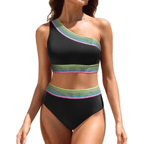 Tempt Me Women High Waisted Bikini Set - One Shoulder Two Piece Swimsuits Color Block Bathing Suits with Swimwear Bottom