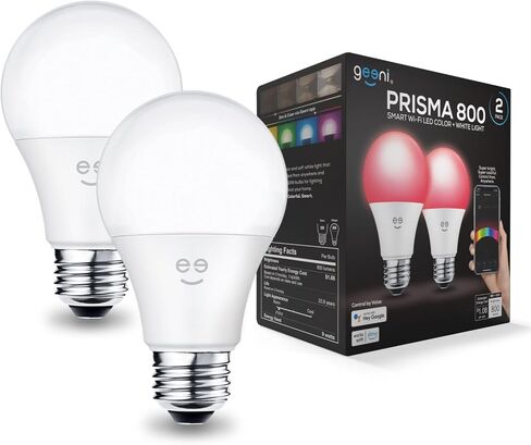 Geeni Prisma Smart Light Bulbs, 800 Lumens, 2700K Dimmable, A19, 60W Equivalent, Color Changing RGBW LED, Works with Alexa and Google Home, No Hub Required, 2.4GHz WiFi, 2-Pack in Saudi Arabia