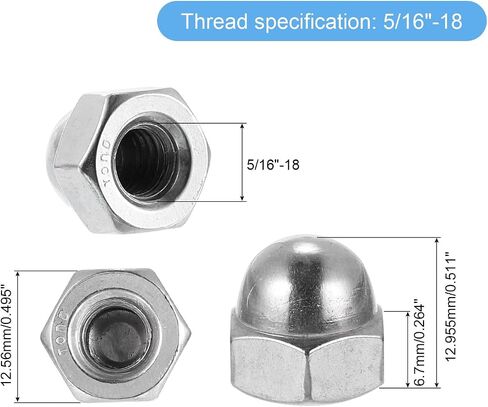 uxcell 3/8"-16 Acorn Cap Nuts, 10Pcs 316 Stainless Steel Dome Cap Head Acorn Nut Hardware Nuts for Bolt Cover, Silvery in Saudi Arabia