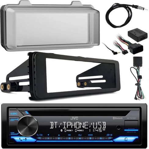 JVC Single DIN Bluetooth USB AUX AM/FM LED Stereo Receiver Bundle Combo with Stereo Install Kit, Universal Handle Bar Controls, 22" Wire Antenna, Weathershield (Fits Select 98-2013 HD Models) in Saudi Arabia