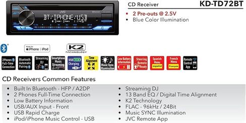 JVC Single DIN Bluetooth USB AUX AM/FM LED Stereo Receiver Bundle Combo with Stereo Install Kit, Universal Handle Bar Controls, 22" Wire Antenna, Weathershield (Fits Select 98-2013 HD Models) in Saudi Arabia