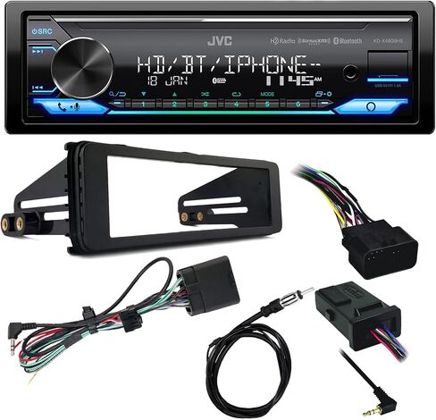 JVC Single DIN Bluetooth USB AUX AM/FM LED Stereo Receiver Bundle Combo with Stereo Install Kit, Universal Handle Bar Controls, 22" Wire Antenna, Weathershield (Fits Select 98-2013 HD Models) in Saudi Arabia