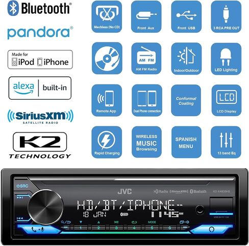 JVC Single DIN Bluetooth USB AUX AM/FM LED Stereo Receiver Bundle Combo with Stereo Install Kit, Universal Handle Bar Controls, 22" Wire Antenna, Weathershield (Fits Select 98-2013 HD Models) in Saudi Arabia