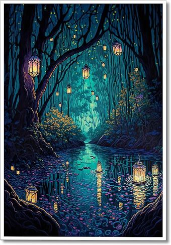 Yuaruo Halloween Fantasy Forest Canvas Wall Art، فوانيس سحرية رائعة على الأشجار ملصق أزرق للغرفة الجمالية، الجنية العجائب ليلة داكنة اليراعات النهر صورة طباعة ديكور 12x16in غير مؤطرة in Kuwait