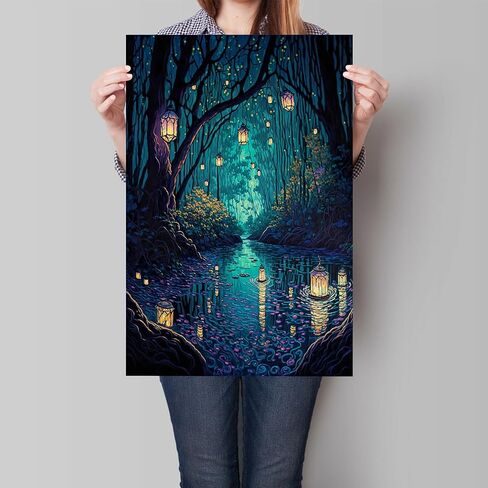 Yuaruo Halloween Fantasy Forest Canvas Wall Art، فوانيس سحرية رائعة على الأشجار ملصق أزرق للغرفة الجمالية، الجنية العجائب ليلة داكنة اليراعات النهر صورة طباعة ديكور 12x16in غير مؤطرة in Kuwait