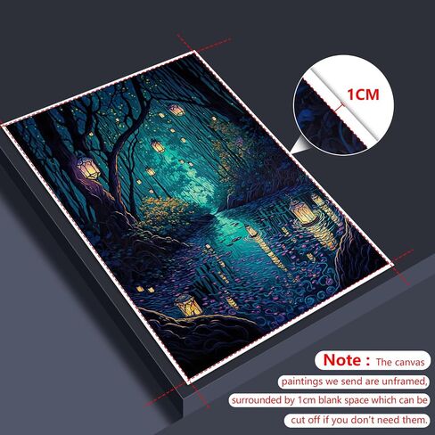 Yuaruo Halloween Fantasy Forest Canvas Wall Art، فوانيس سحرية رائعة على الأشجار ملصق أزرق للغرفة الجمالية، الجنية العجائب ليلة داكنة اليراعات النهر صورة طباعة ديكور 12x16in غير مؤطرة in Kuwait